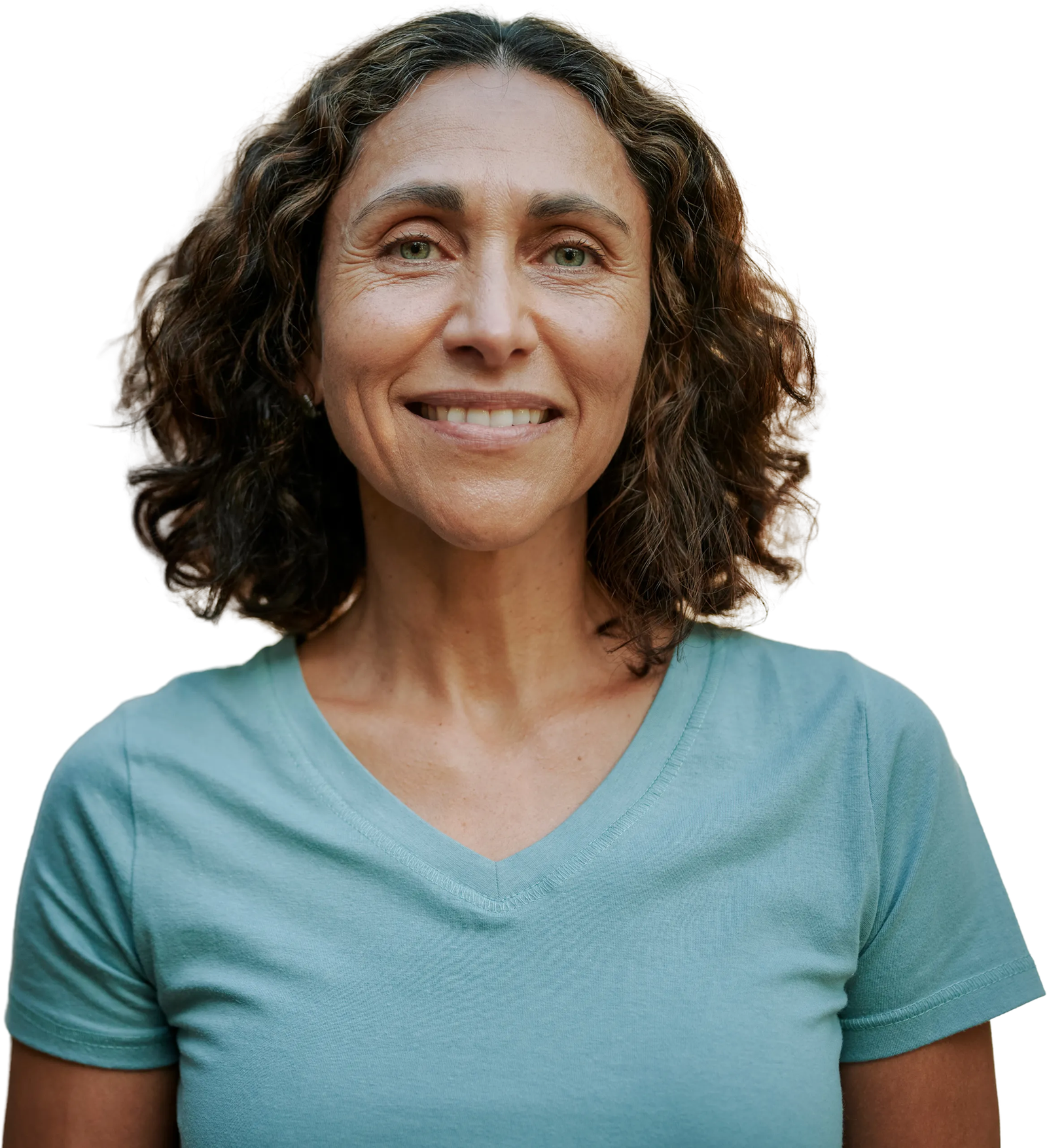 A smiling woman with shoulder-length curly hair